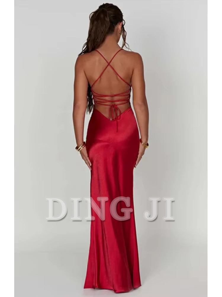 DingJiDress Evening Dress Bandage Backless Elegant Dress Side Fork Spaghetti Strap Slim Cocktail Party Club Fashion Satin Solid Lace-Up Long Dresses Formal Wear Dresses