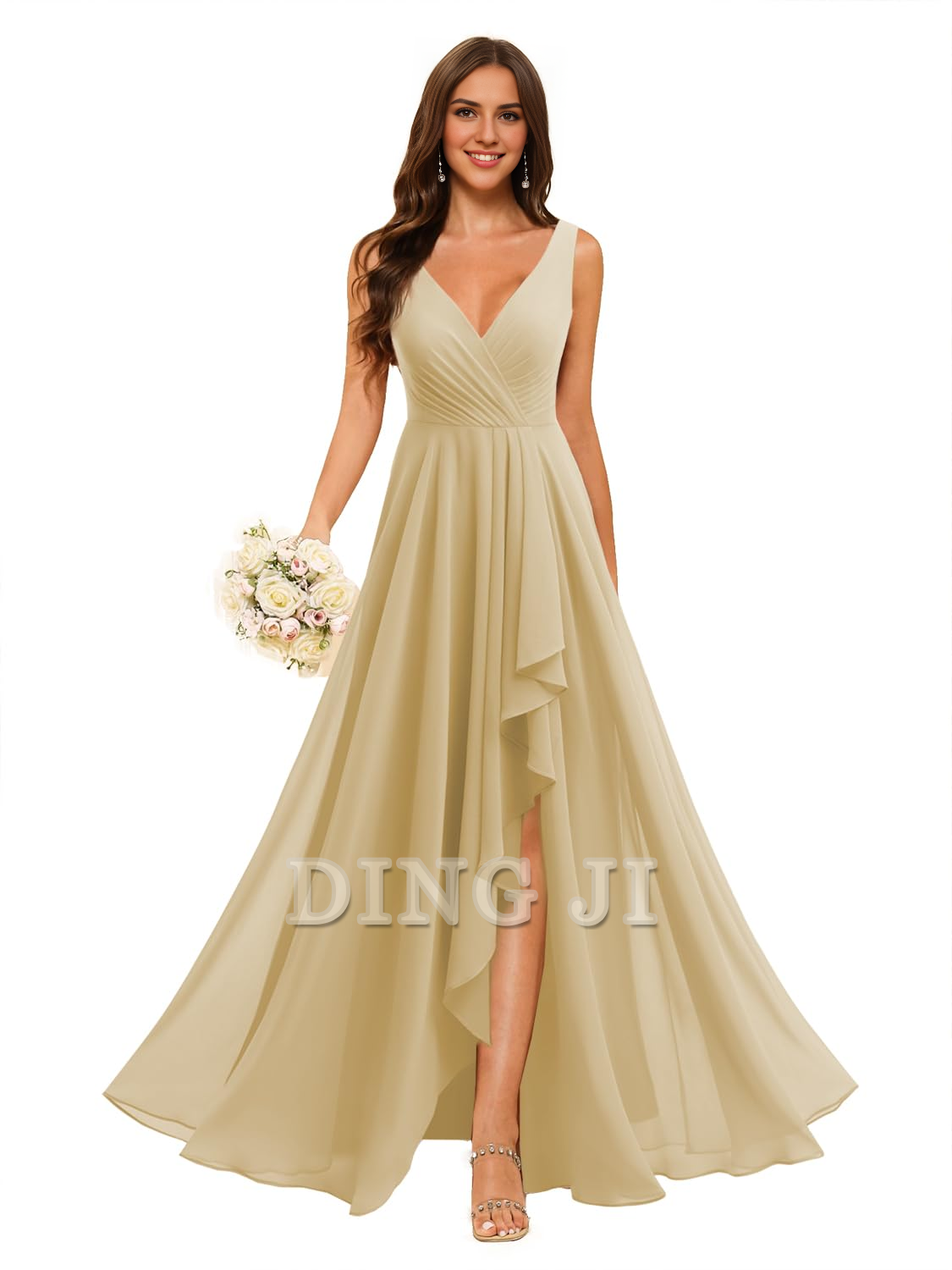 DingJiDress Bridesmaid Dresses A-line V Neck Chiffon Ruched Side Fork Elegant Simple Formal Wear Dresses