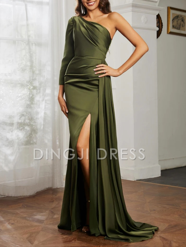 DingJiDress Evening Dress Sheath One Shoulder Long Sleeves Satin Pleated Side Fork Sweep Train Exquisite Formal Dress