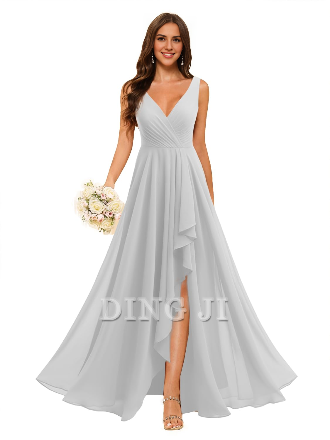 DingJiDress Bridesmaid Dresses A-line V Neck Chiffon Ruched Side Fork Elegant Simple Formal Wear Dresses