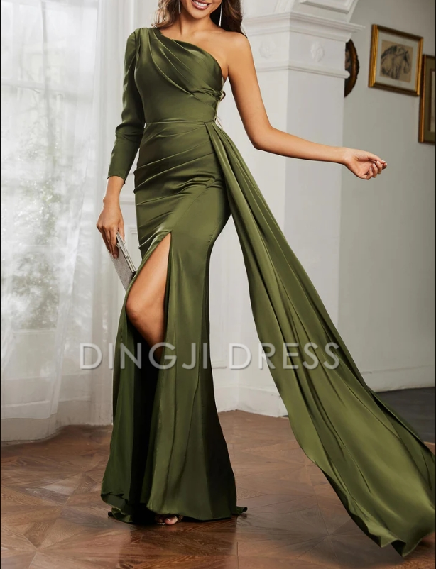 DingJiDress Evening Dress Sheath One Shoulder Long Sleeves Satin Pleated Side Fork Sweep Train Exquisite Formal Dress