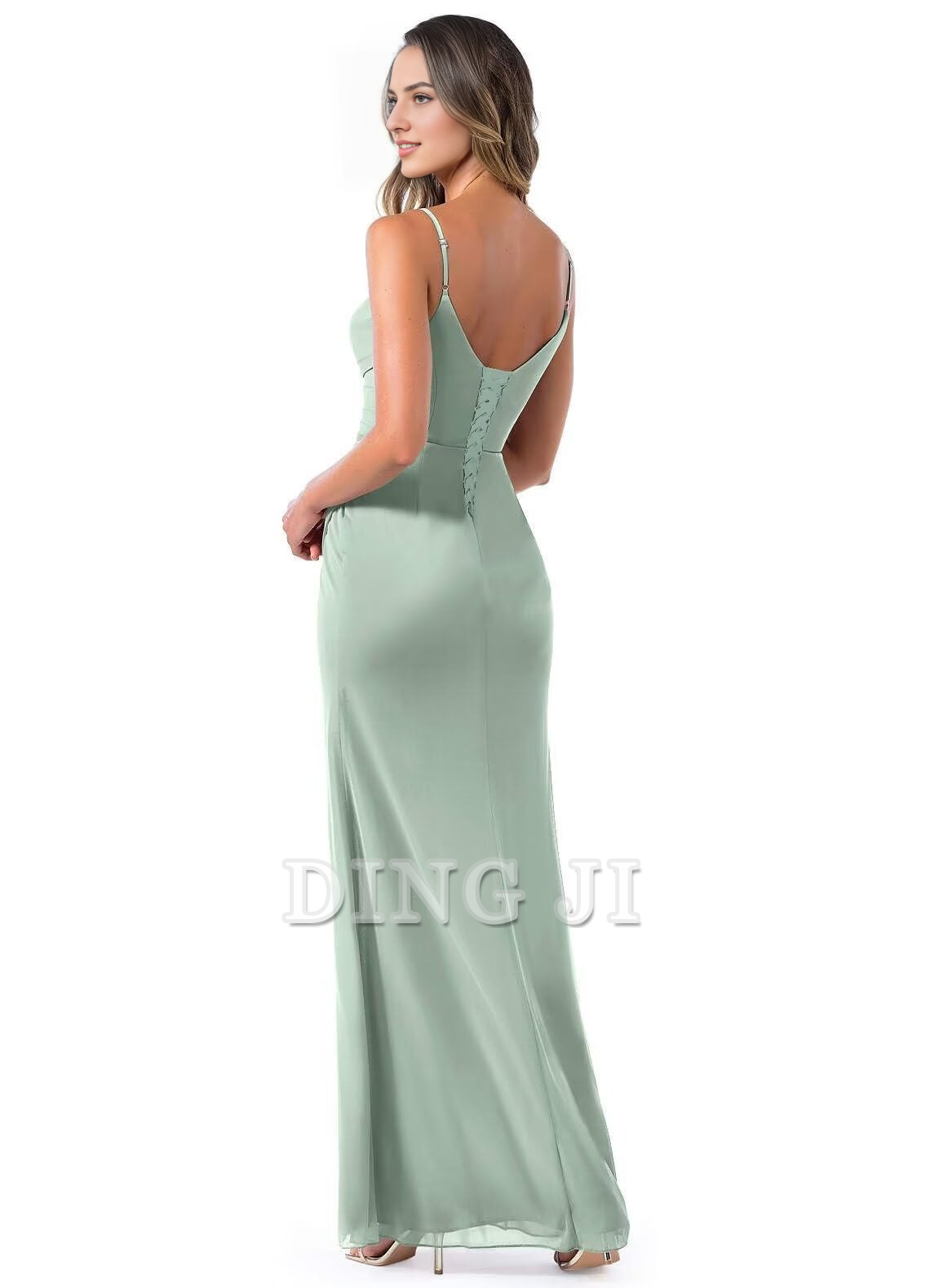 DingJiDress Bridesmaid Dresses Pleated A Line Spaghetti Strap Chiffon Side Fork Long Formal Wear Dresses