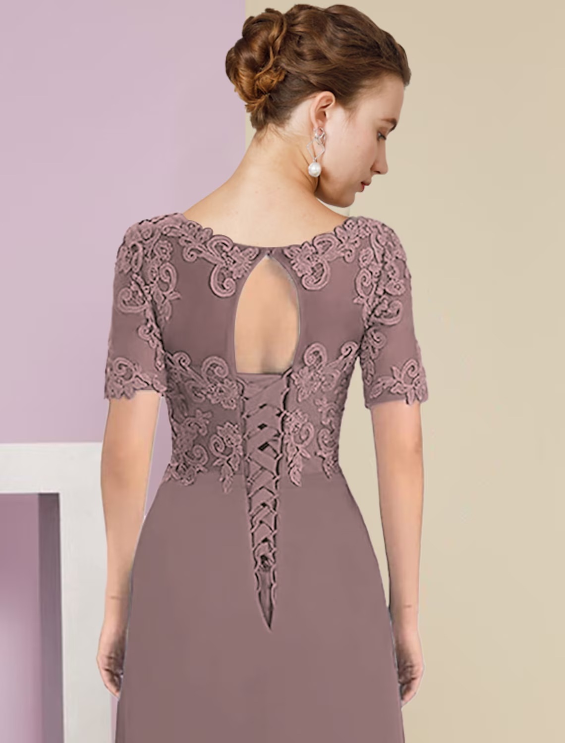 Two Piece A-Line Mother of the Bride Dress Formal Wedding Guest Elegant High Low V Neck Asymmetrical Length Chiffon Lace Short Sleeve Sleeve Wrap Included with Appliques