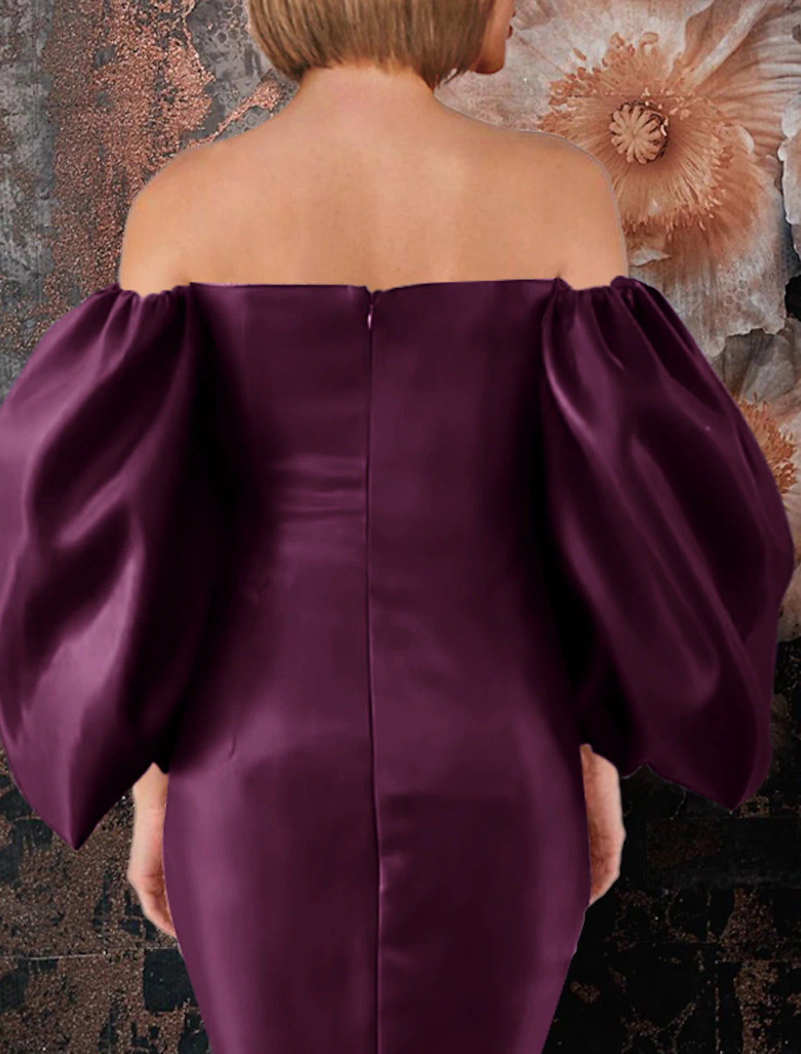 Sheath / Column Cocktail Dresses Plus Size Work Dress Party Midi Length Lantern Long Sleeve Off Shoulder Satin with Ruched