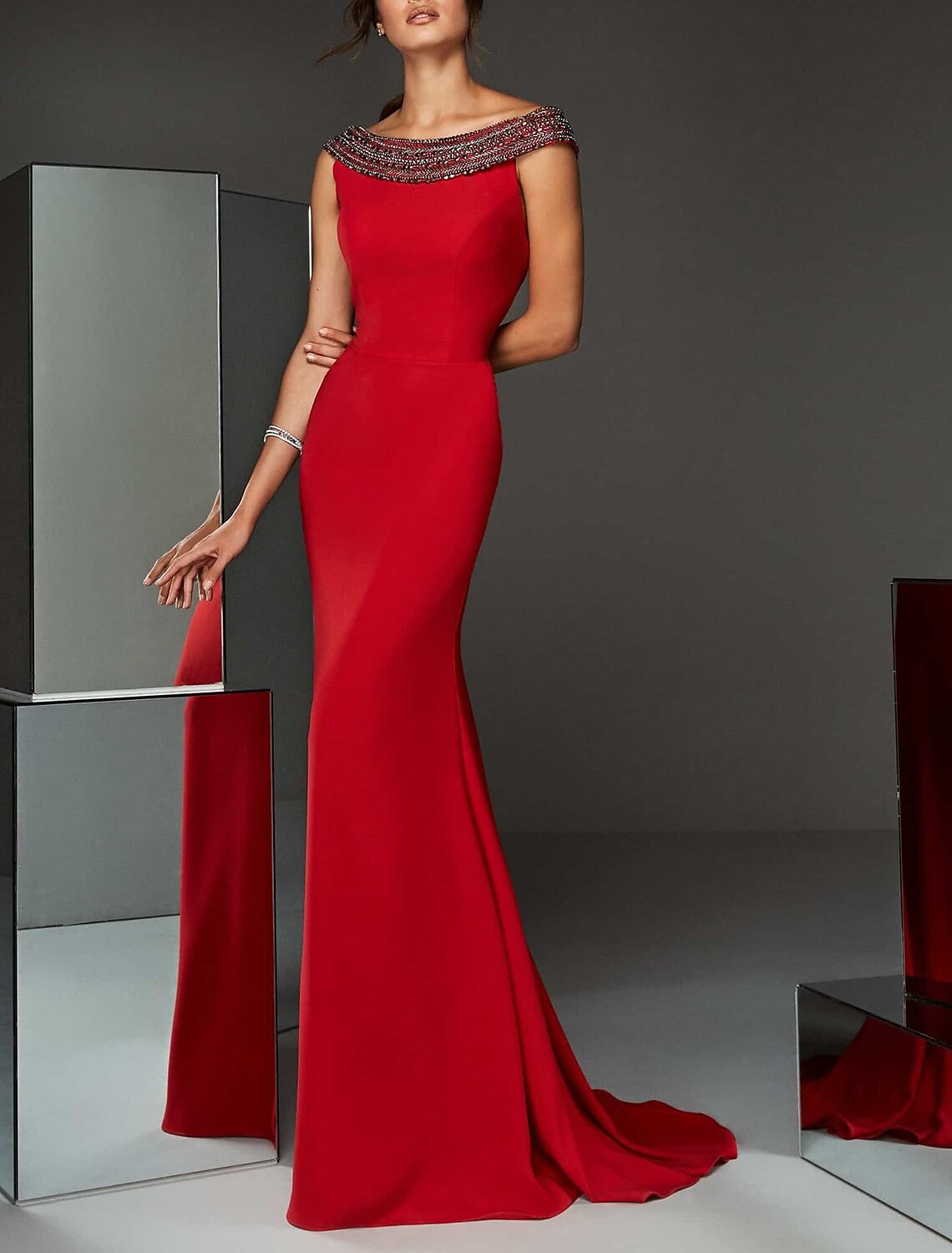 Mermaid / Trumpet Evening Gown Maxi Dress Formal Wedding Guest Sweep / Brush Train Sleeveless Jewel Neck Stretch Chiffon with Crystals