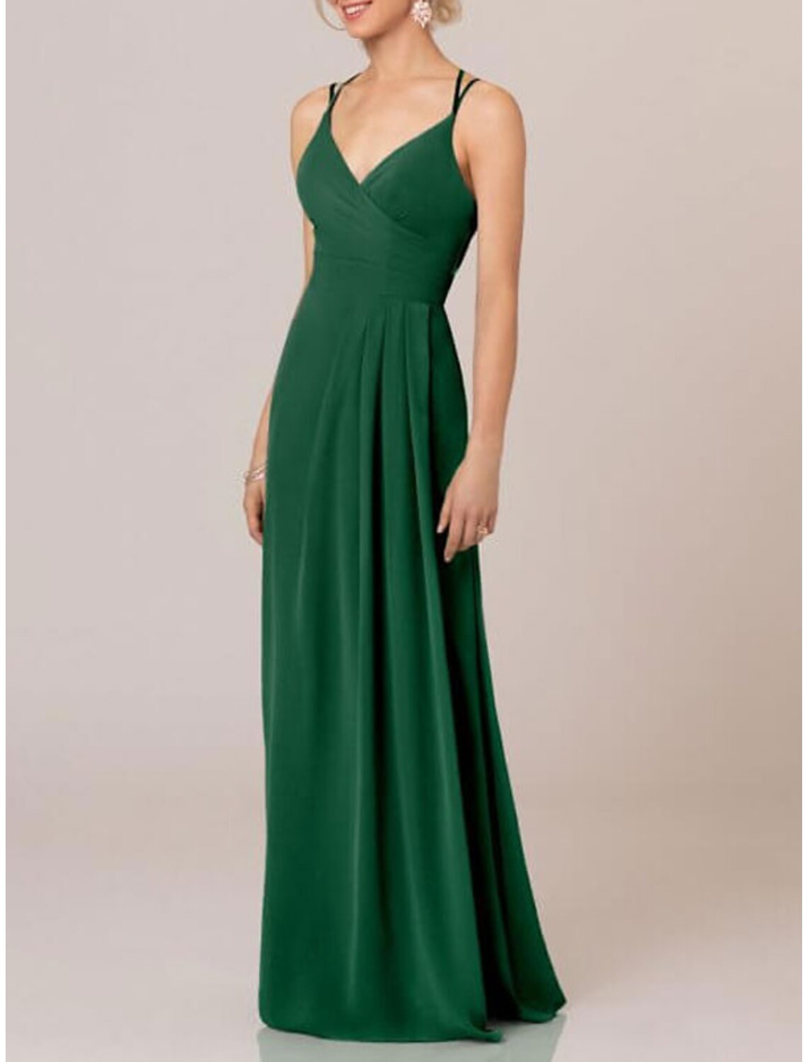 A-Line Bridesmaid Dress Straps / Spaghetti Strap / V Neck Sleeveless Elegant Floor Length Chiffon / Shantung / Imitated Silk with Pleats / Draping / Ruching