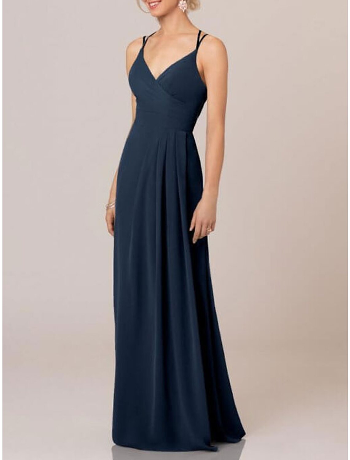 A-Line Bridesmaid Dress Straps / Spaghetti Strap / V Neck Sleeveless Elegant Floor Length Chiffon / Shantung / Imitated Silk with Pleats / Draping / Ruching