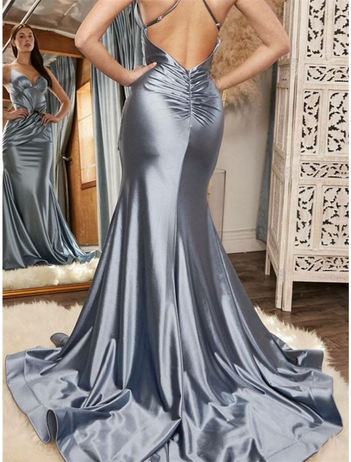 Mermaid / Trumpet Bridesmaid Dress Off Shoulder Sleeveless Blue Court Train Satin with Ruching