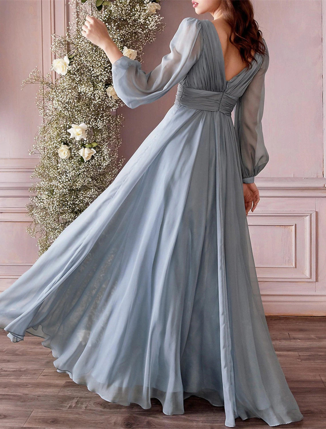 A-Line Bridesmaid Dress V Neck Long Sleeve Blue Floor Length Chiffon with Ruching