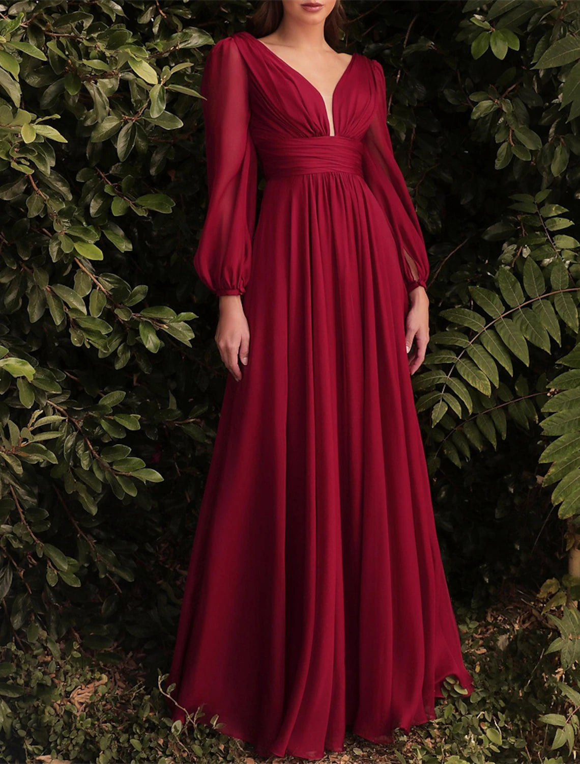 A-Line Bridesmaid Dress V Neck Long Sleeve Blue Floor Length Chiffon with Ruching