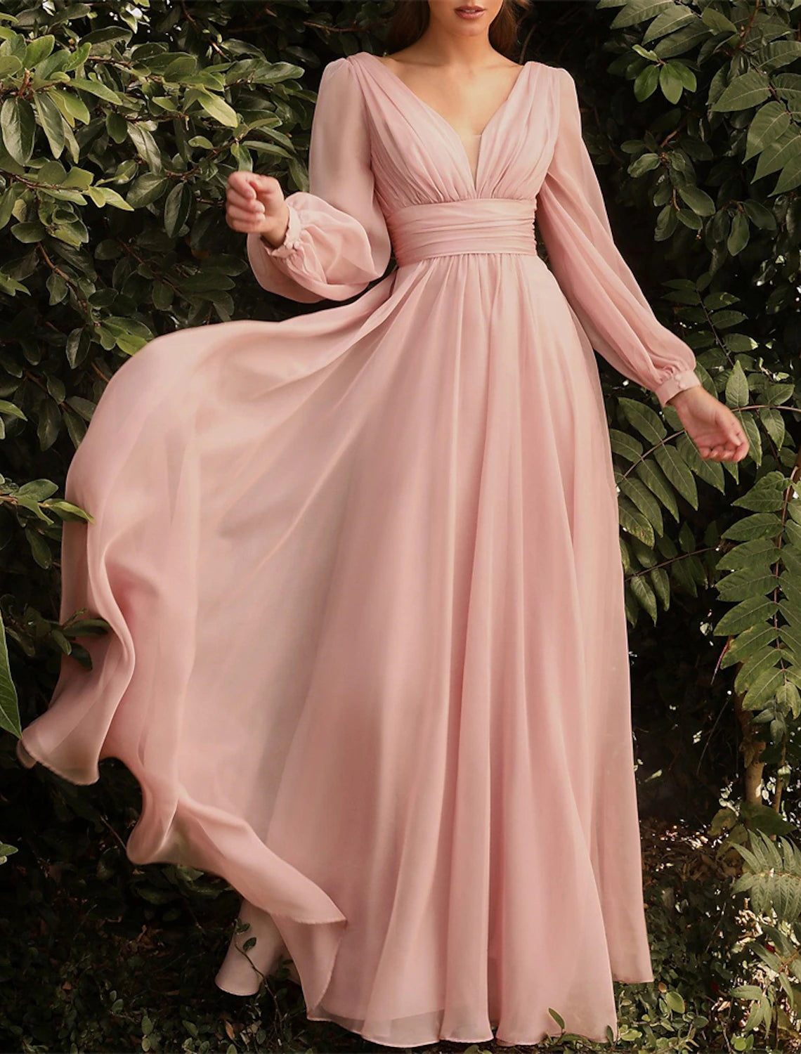 A-Line Bridesmaid Dress V Neck Long Sleeve Blue Floor Length Chiffon with Ruching