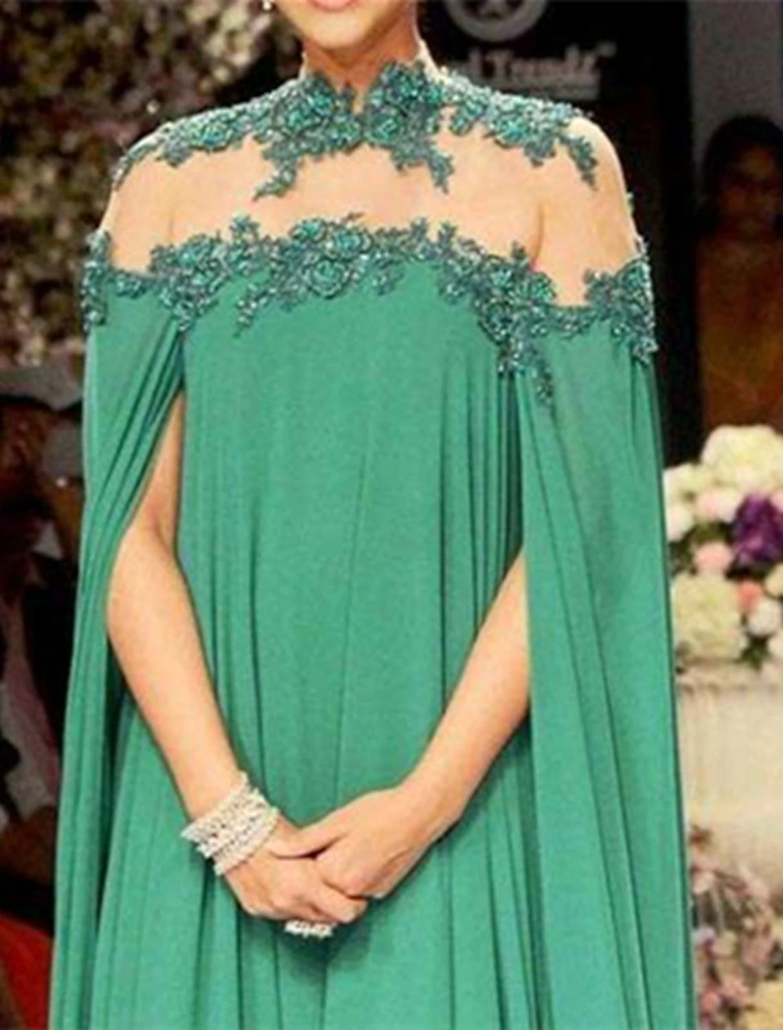 A-Line Evening Gown Elegant Dress Formal Wedding Guest Christmas Floor Length Sleeveless High Neck Fall Wedding Guest Chiffon with Appliques