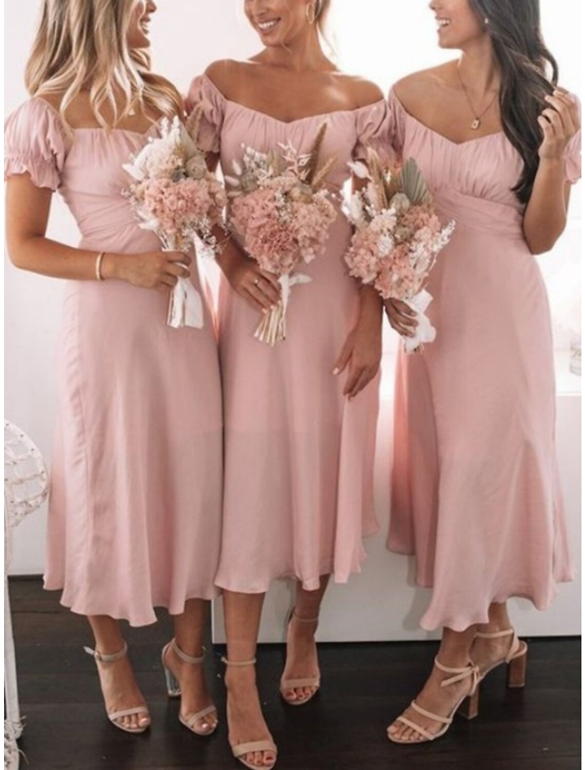 Sheath / Column Bridesmaid Dress V Neck Short Sleeve Pink Tea Length Stretch Chiffon with Ruching