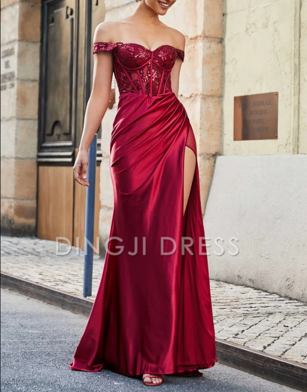 DingJiDress Evening Dress Mermaid Off-the-Shoulder Sleeveless Pleated Corset Bodice Side Fork Satin Sweep Train Elegant Fashion Formal Dress
