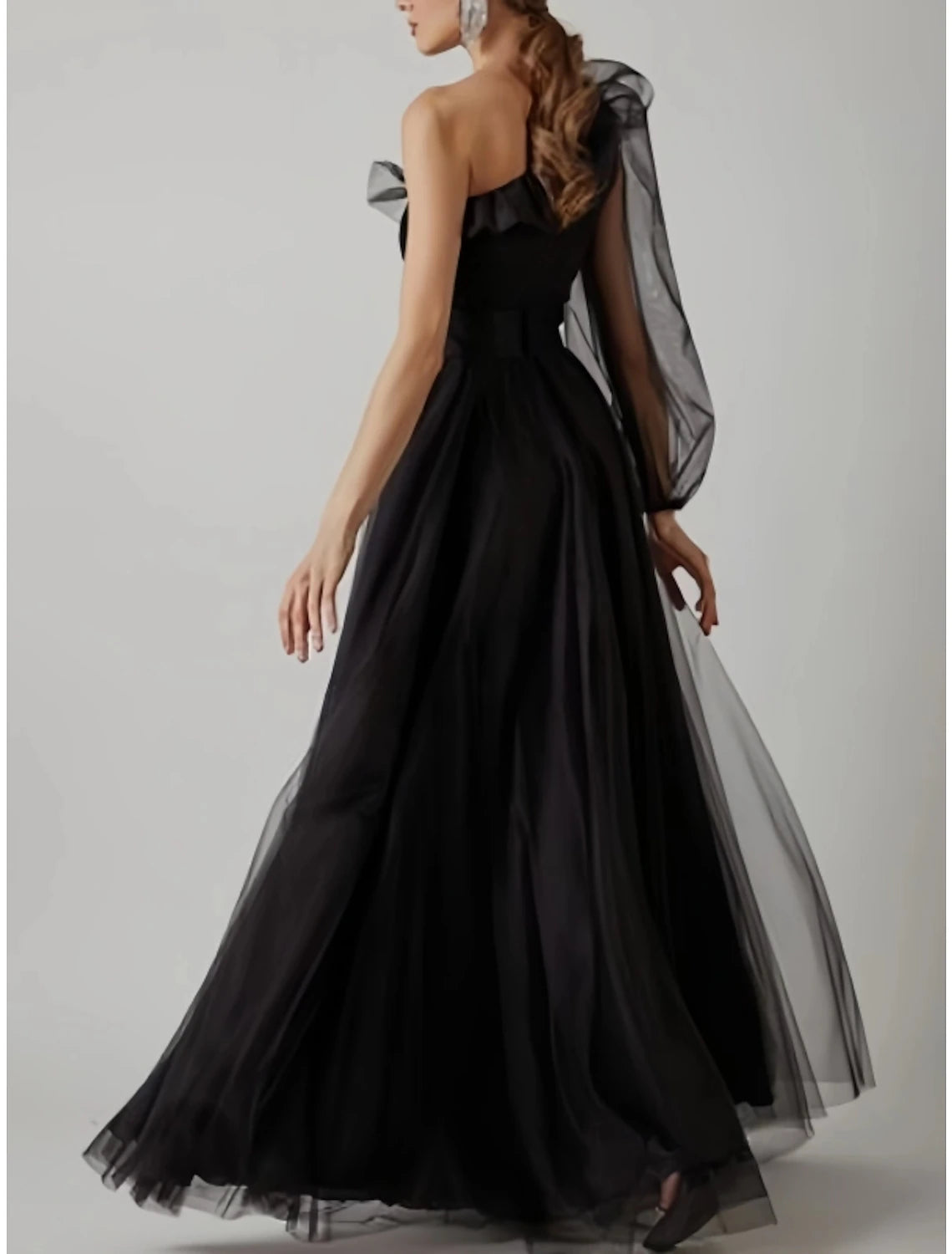 Sheath Prom Dress Elegant Black Dress Plus Size Evening Birthday Floor Length Long Sleeve One Shoulder Tulle with Pleats Ruffles