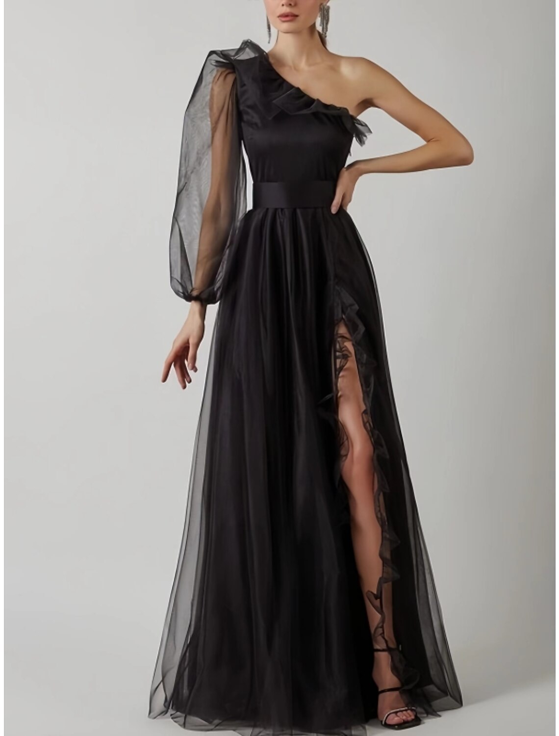 Sheath Prom Dress Elegant Black Dress Plus Size Evening Birthday Floor Length Long Sleeve One Shoulder Tulle with Pleats Ruffles