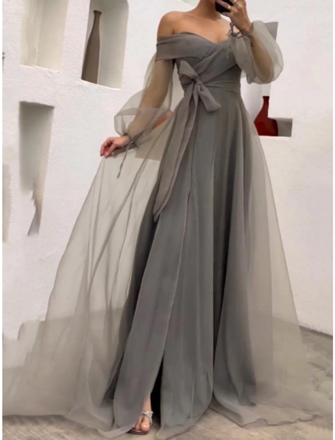 Sheath / Column Prom Dresses Princess Dress Wedding Party Sweep / Brush Train Long Sleeve Off Shoulder Belt / Sash Tulle with Bow(s) Pleats
