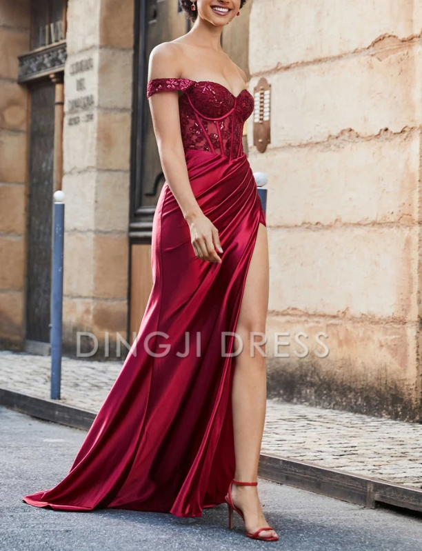 DingJiDress Evening Dress Mermaid Off-the-Shoulder Sleeveless Pleated Corset Bodice Side Fork Satin Sweep Train Elegant Fashion Formal Dress