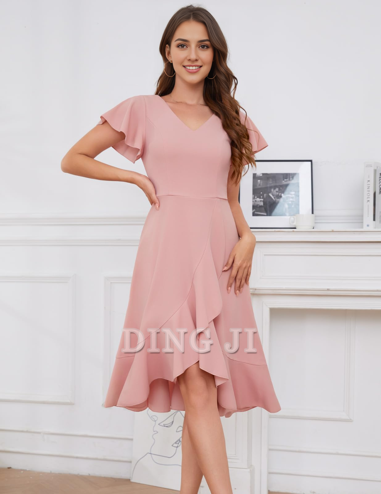 DingJiDress Bridesmaid Dresses V-Neck Irregular Ruched Elegant Simple Short Skirt Formal Wear Dresses