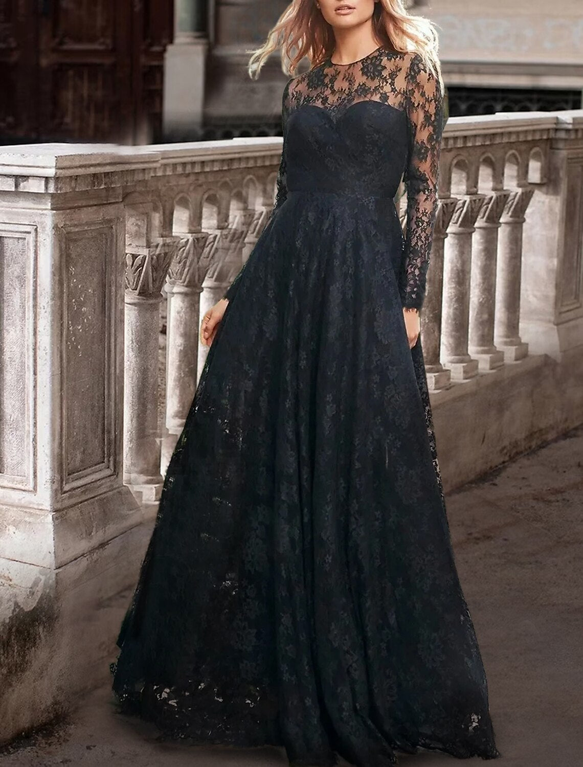 Black Wedding Dresses Party Formal A-Line Scoop Neck Long Sleeve Sweep / Brush Train Lace Gothi Fall Halloween Bachelorette Bridal Gowns With Pleats