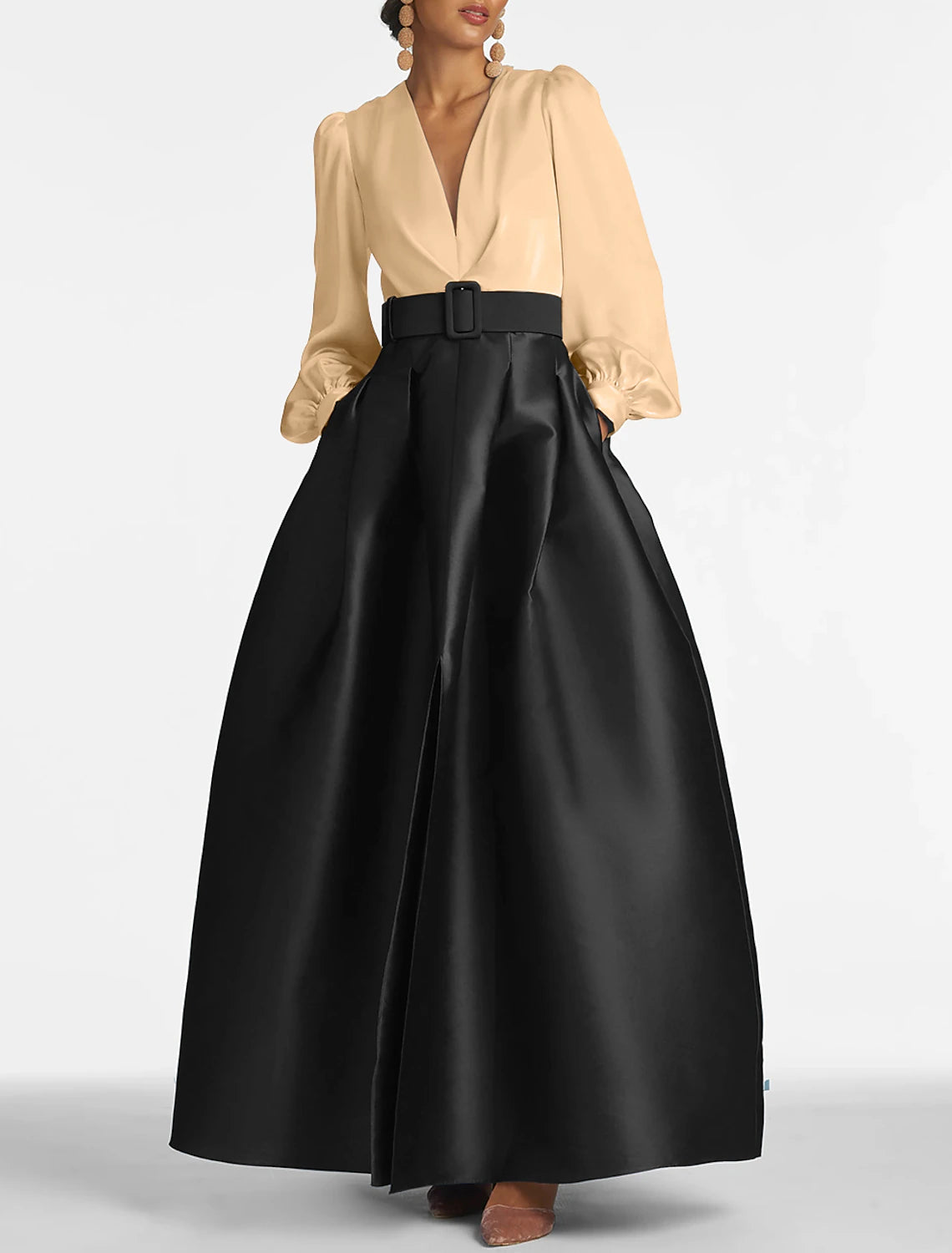 A-Line Formal Satin Pocket Long Sleeve Blue Black Evening Gown High Split Wedding Guest Dress Fall Wedding Floor Length Color Contrast V Neck Belt / Sash Navy with Pleats