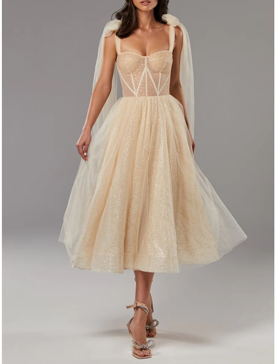 A-Line Prom Dresses Elegant Dress Formal Tea Length Sleeveless Sweetheart Tulle with Pleats Sequin