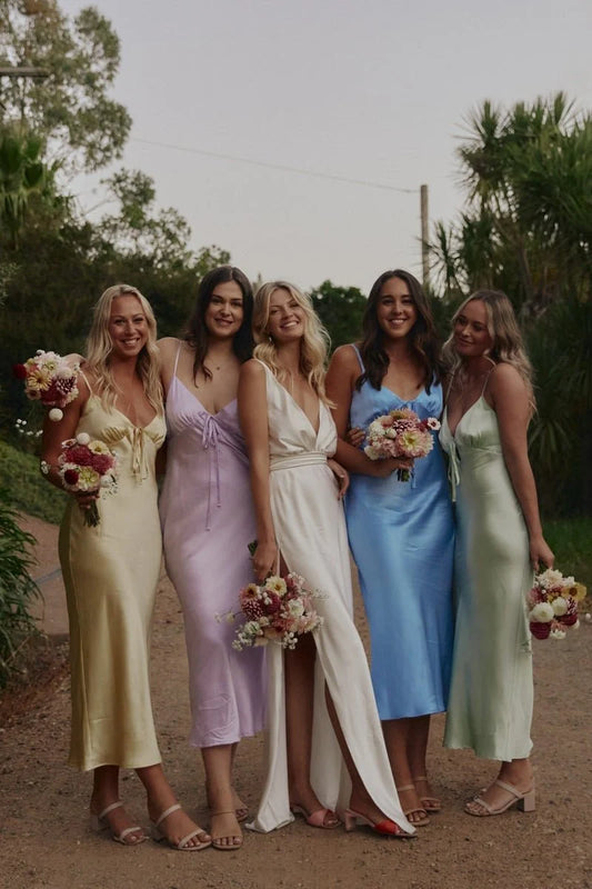 Elegant Simple Sheath V Neck Spaghetti Strap Sleeveless Backless Low Cost Ankle Length Bridesmaid Dresses