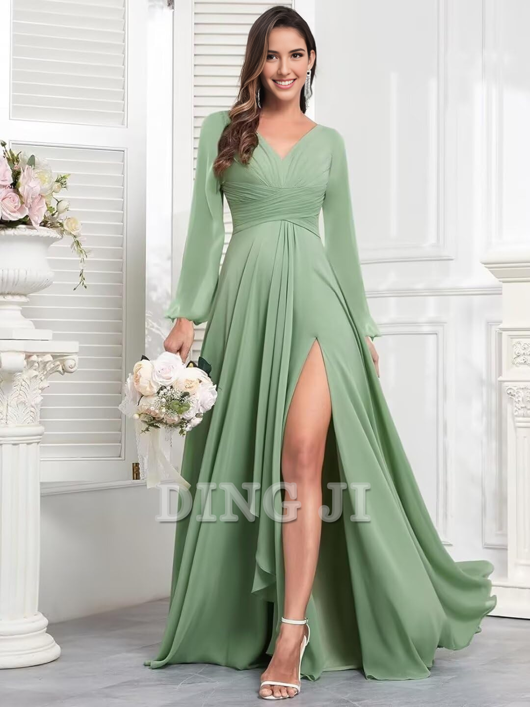 DingJiDress Bridesmaid Dresses Elegant Chiffon Long Sleeves V Neck Ruffle Side Fork Long Formal Wear Dresses