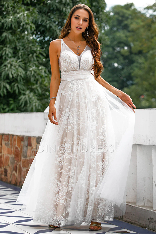 DingJiDress High Quality Dress Evening Dress A Line Sleeveless V Neck Flower Backless Fashion Long Prom Dress