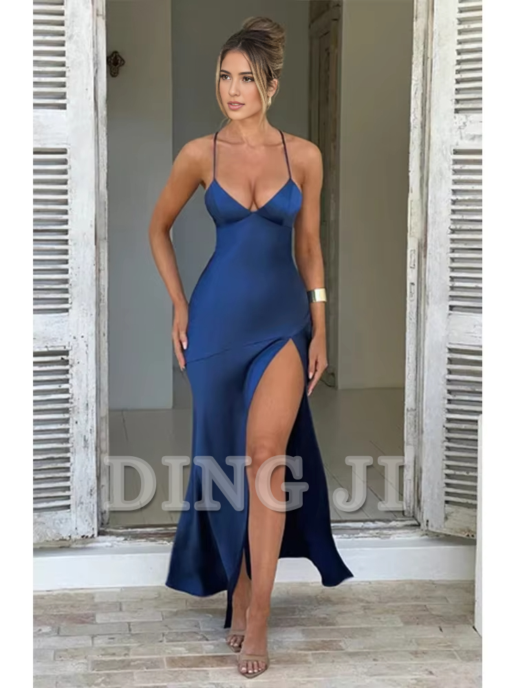 DingJiDress Evening Dress Bandage Backless Elegant Dress Side Fork Spaghetti Strap Slim Cocktail Party Club Fashion Satin Solid Lace-Up Long Dresses Formal Wear Dresses