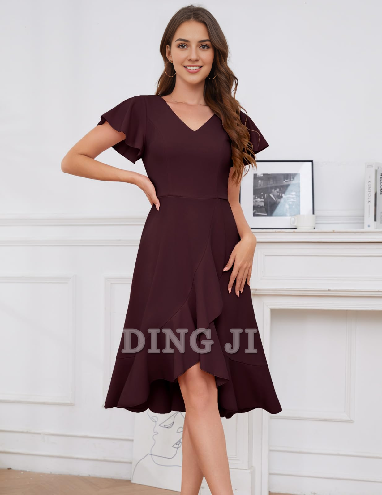DingJiDress Bridesmaid Dresses V-Neck Irregular Ruched Elegant Simple Short Skirt Formal Wear Dresses