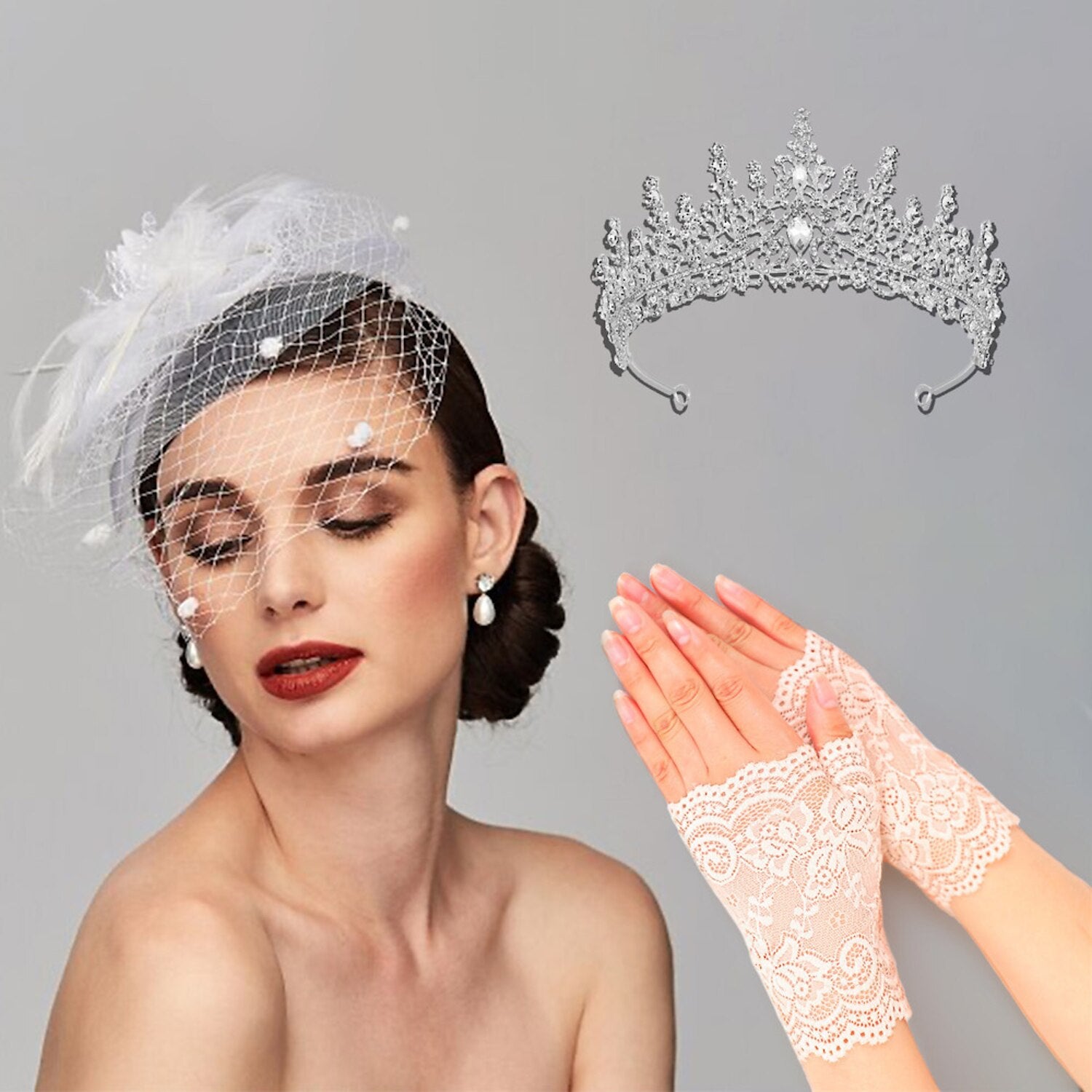 DingJiDress Elegant Fascinators Hats Linen Net Mesh Headpiece Kentucky Derby Hat with Clip Headband Feather Floral Wedding Evening Party Horse Race Ladies Day Headpiece with A Tiara & A Pair of Gloves