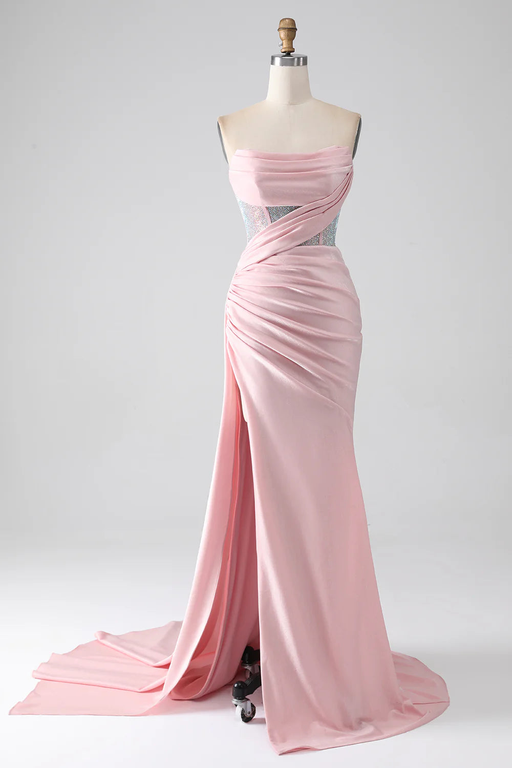DingJiDress Pink Mermaid Strapless Beaded Pleated Long Prom Dress With High Slit