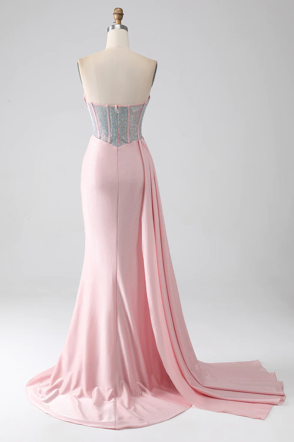DingJiDress Pink Mermaid Strapless Beaded Pleated Long Prom Dress With High Slit