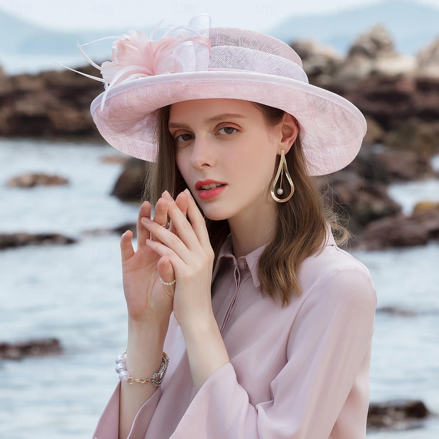 DingJiDress Fascinators Hats Headwear Flax Bowler / Cloche Hat Bucket Hat Sun Hat Wedding Tea Party Elegant Wedding With Feather Floral Headpiece Headwear