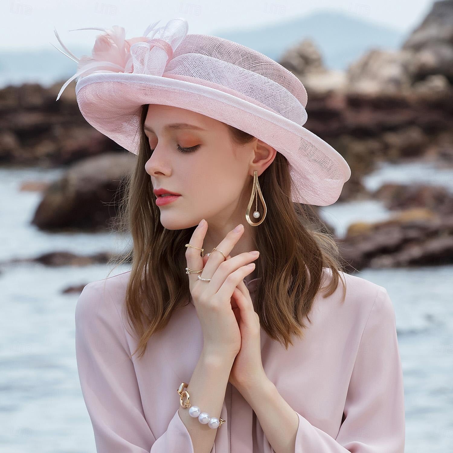 DingJiDress Fascinators Hats Headwear Flax Bowler / Cloche Hat Bucket Hat Sun Hat Wedding Tea Party Elegant Wedding With Feather Floral Headpiece Headwear