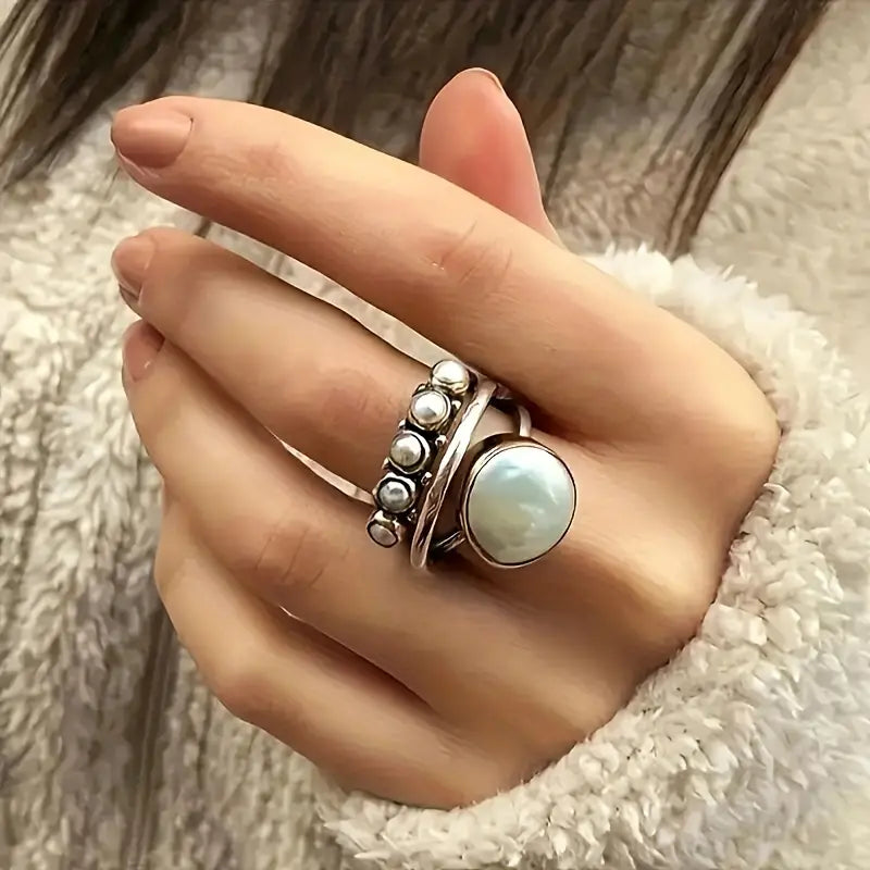 DingJi Elegant Vintage Ring with Multi-Layered Design and Artificial Pearl Inlay - Perfect for Daily Wear and Parties - Unisex Accessory