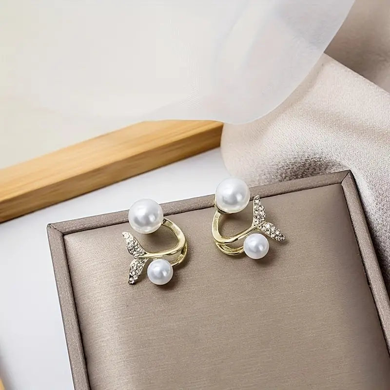 DingJi Elegant Mermaid Tail Stud Earrings for Women with Rhinestone Accents, 3 Pairs Vintage Bohemian Style Pearl Jewelry