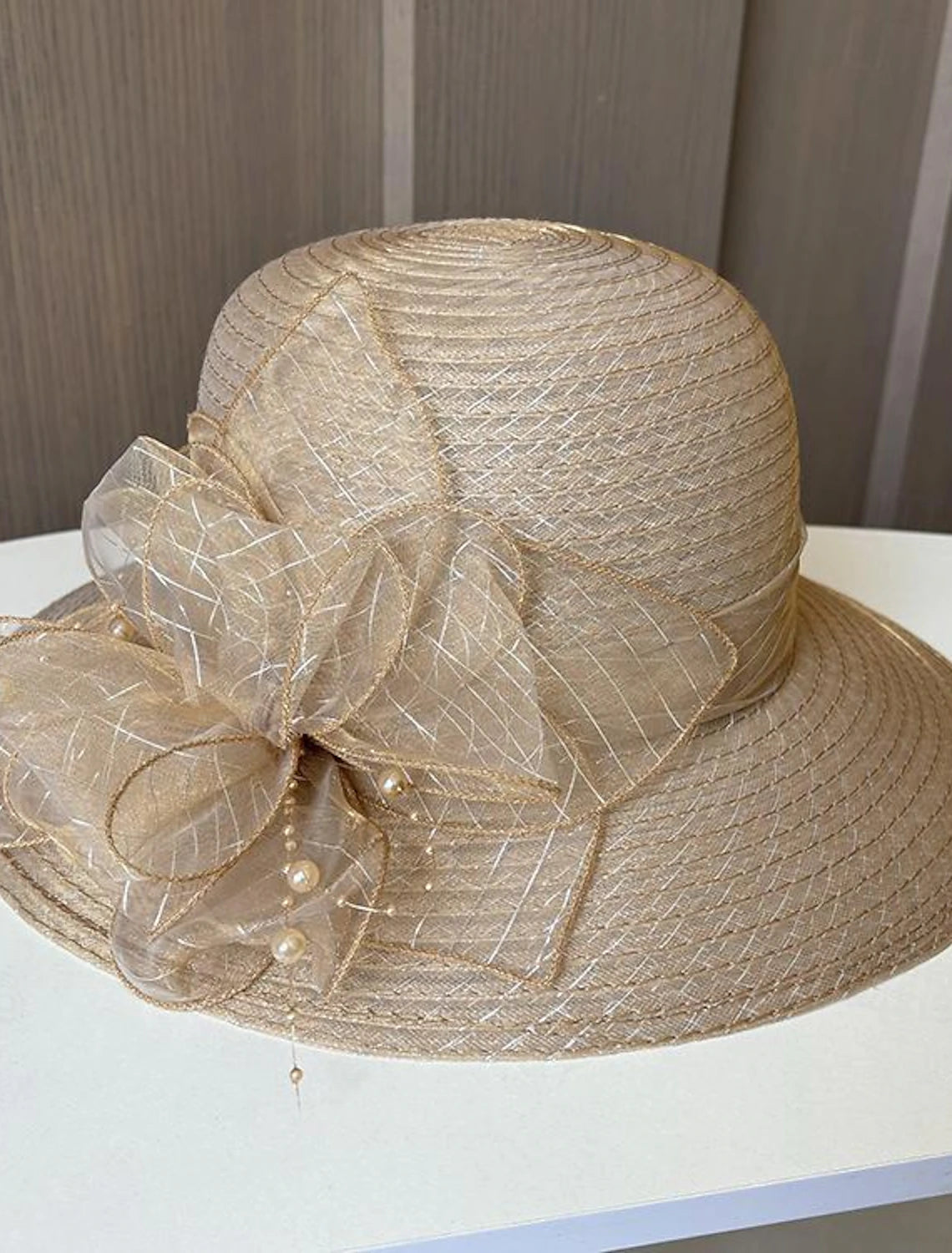 DingJiDress Fascinators Hats Headwear Polyester Tulle Bucket Hat Floppy Hat Sun Hat Holiday Beach Elegant Retro With Feather Faux Pearl Headpiece Headwear