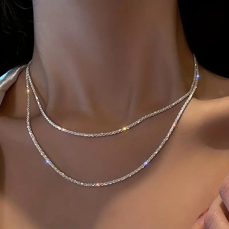 DingJi Sparkling Necklace Women's Italian Collar Chain Neckchain Minimalist Necklace