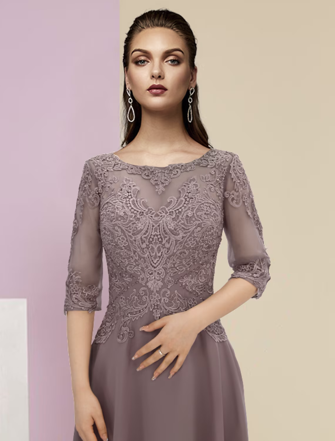 Two Piece A-Line Mother of the Bride Dress Formal Wedding Guest Party Elegant Scoop Neck Asymmetrical Chiffon Lace Sleeve Wrap Included with Beading Appliques
