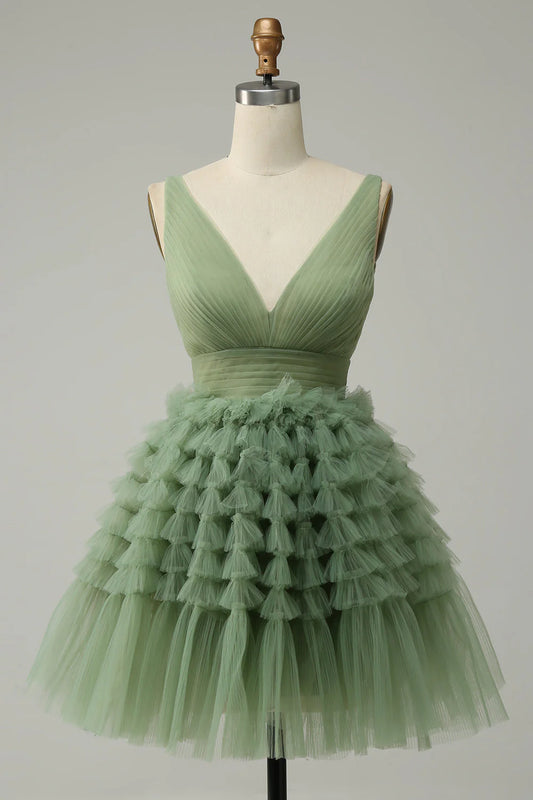 DingJiDress High Quality Dress Tulle V-Neck Pleated Fashion Short Prom Dress