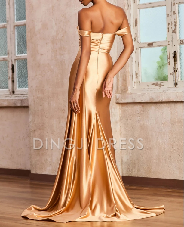 DingJiDress Evening Dress Mermaid Off Shoulder Cap Sleeves Pleated Side Fork Sweep Train Elegant Formal Dress