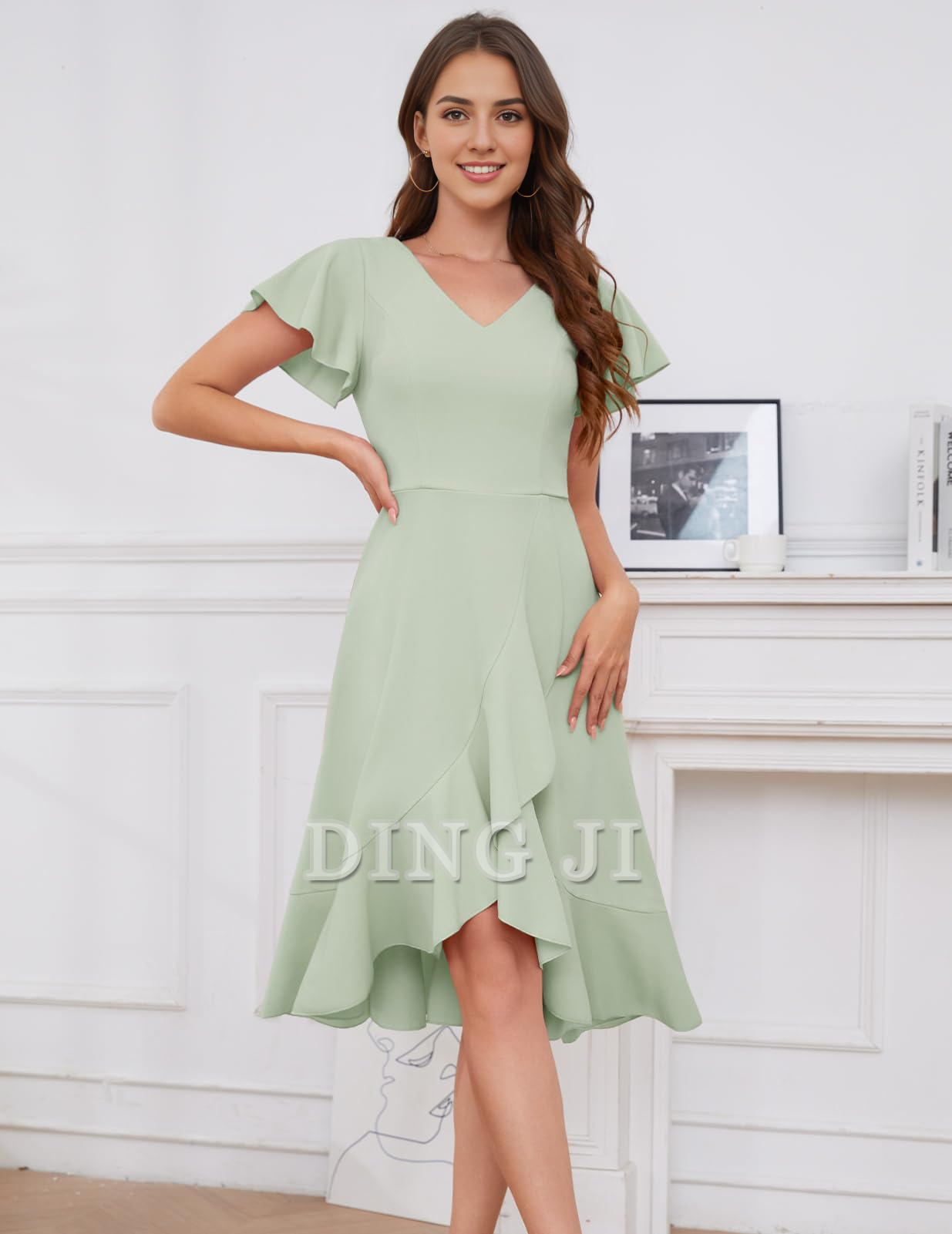 DingJiDress Bridesmaid Dresses V-Neck Irregular Ruched Elegant Simple Short Skirt Formal Wear Dresses