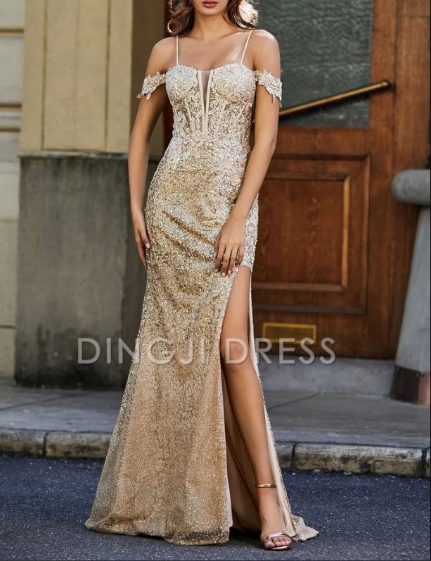 DingJiDress Evening Dress Mermaid Off-the-Shoulder Spaghetti Straps High Slit Corset Bodice Sequin Side Fork Gorgeous Elegant Formal Dress