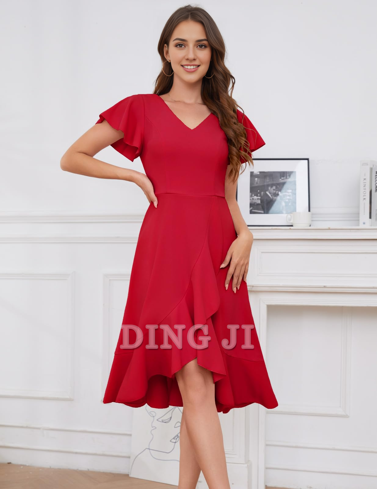 DingJiDress Bridesmaid Dresses V-Neck Irregular Ruched Elegant Simple Short Skirt Formal Wear Dresses