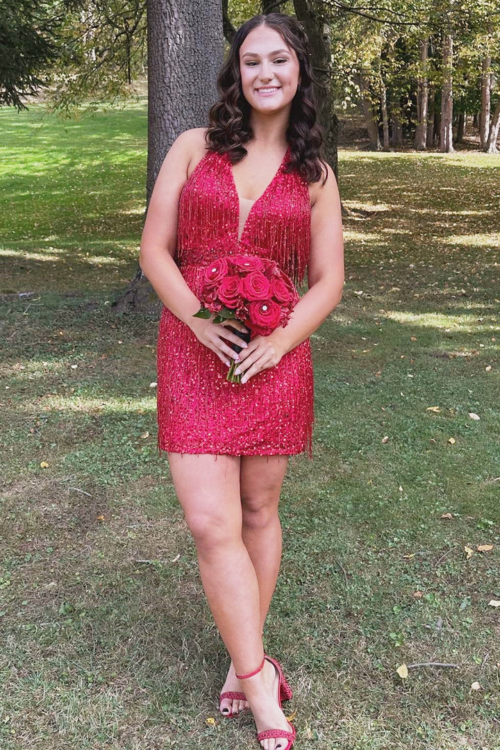 DingJiDress Short Homecoming Dress Gold Sequin Fringe Plunge V Bodycon Graduation Dresses