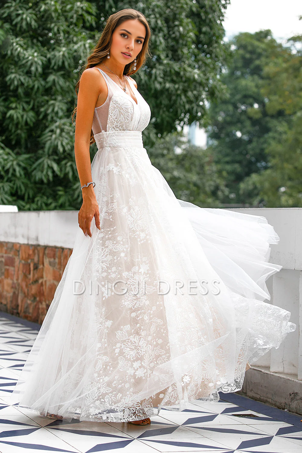 DingJiDress High Quality Dress Evening Dress A Line Sleeveless V Neck Flower Backless Fashion Long Prom Dress