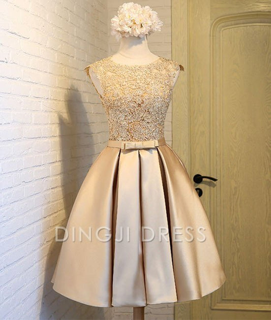 DingJiDress Short Prom Dress Elegant A Line V Neck Sleeveless Satin Graduation Dress Lace Appliques Cute Best Selling Homecoming Dress