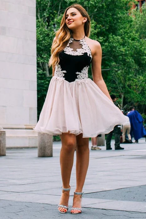 DingJiDress Short Prom Dress A-Line Halter Chiffon Lace Applique Sweet Best Selling Homecoming Dress